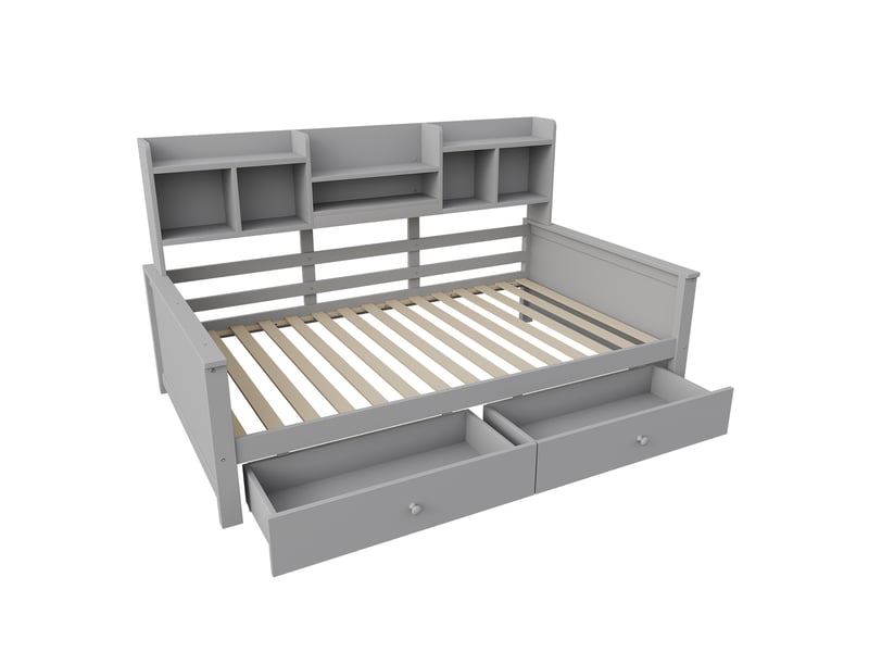  Canapé-lit en bois massif gris 90x200 cm avec tiroirs, étagères et sommier à lattes inclus  - Conforama A