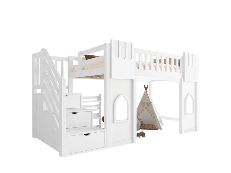  Lit mezzanine 90x200 avec escalier de rangement et fenêtres, blanc  - Conforama A