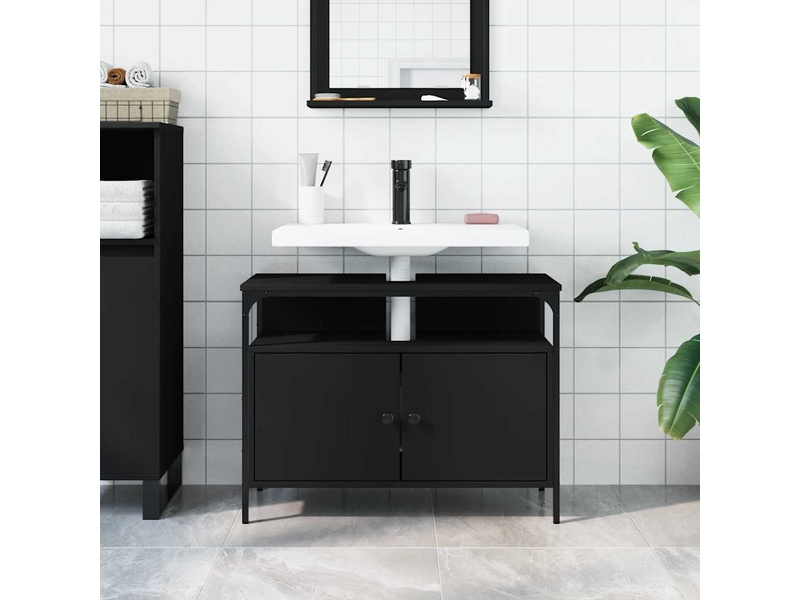  Armoire lavabo salle de bain, meuble de rangement noir 80x30x60 cm  - Conforama C