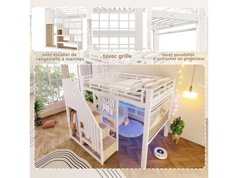  Lit mezzanine 140x200 cm blanc en métal, avec escalier rangement, led, grille et penderie, sans matelas  - Conforama E