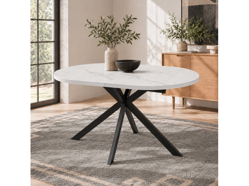  Table à manger extensible 120-160x80x75,5 cm plateau ovale blanc et pieds métal noir  - Conforama E
