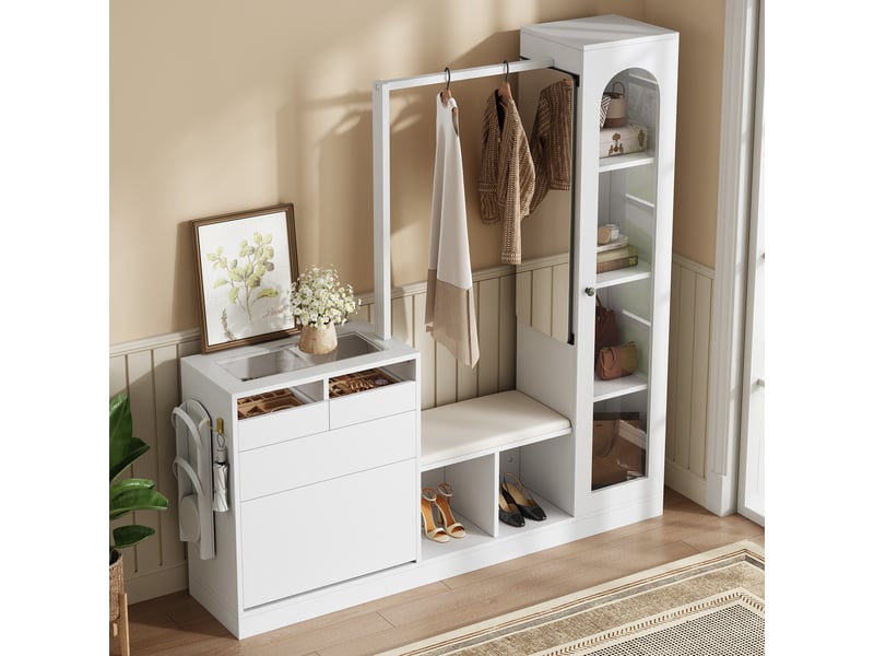  Meubles d'entrée avec miroir pivotant, vitrine, banc à chaussures à abattant et led pour couloir, 163×50×161 cm, blanc  - Conforama B