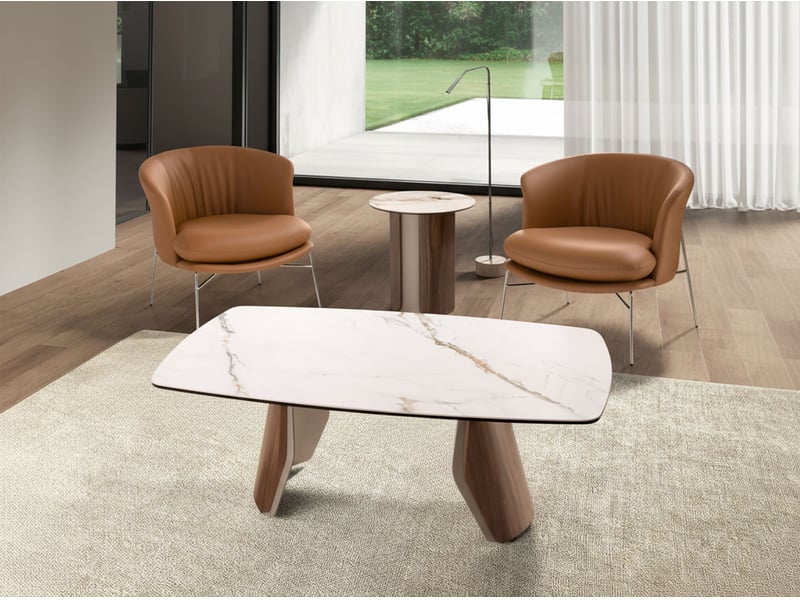 Table basse ovale en marbre porcelainé, acier sable métallisé et noyer  - Conforama C