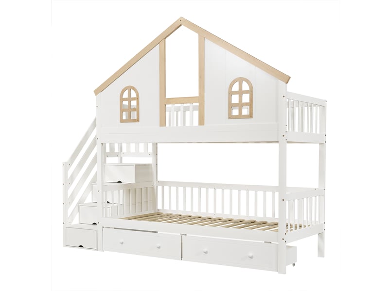  Lit superposé enfant 90x200 cm blanc et bois, forme maison, escalier et tiroirs  - Conforama E