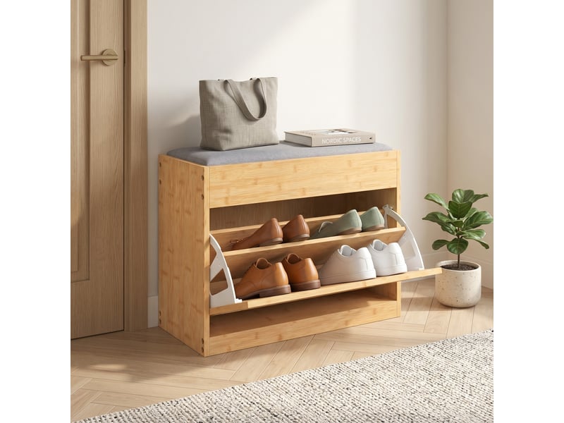  Banc chaussures entrée, banc de rangement en bambou, assise rembourrée, porte en rotin et étagère réglable, bois naturel  - Conforama C