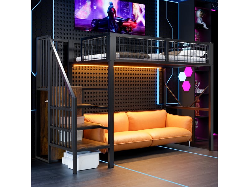 Lit mezzanine 90x200 cm en métal avec échelle de rangement, éclairage led, garde-corps sécurisé et espace bureau ou canapé sous le lit - noir - Conforama E