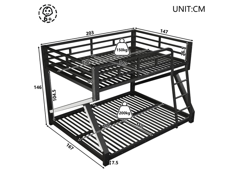  Lit superposé 140x200 et 160x200 cm avec éclairage led, échelle et barrières de sécurité, structure en métal, pour chambre d’enfant - noir  - Conforama C