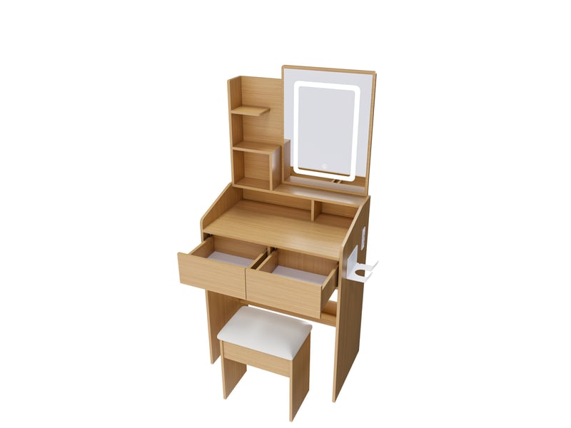  Table de maquillage led - miroir éclairé led réglable - prise électrique intégrée - support de sèche-cheveux 60x36x130cm - Conforama E