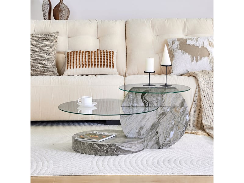  Table basse verre de sécurité structure à deux niveaux effet marbre rond plateau support mdf motif marbre gris couleurs variées  - Conforama B