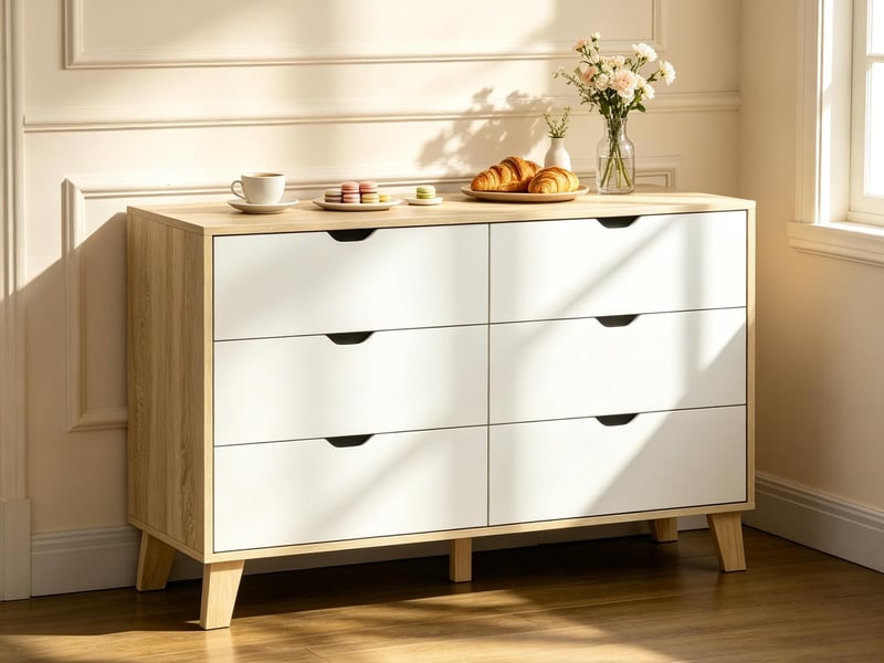  Commode à 6 tiroirs, 120 x 40 x 76 cm, poignées découpées et pieds en pin, blanc et effet chêne  - Conforama B