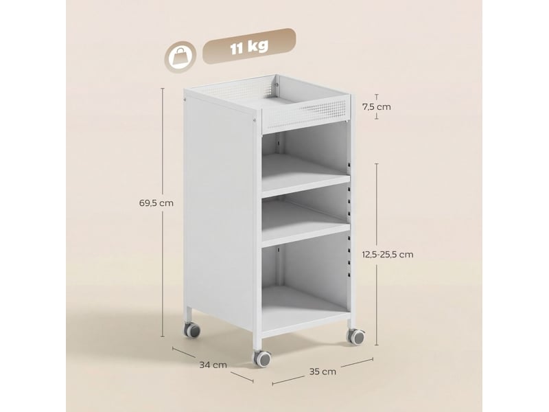 Bibliothèque à roulettes tcqpz 35 x 34 x 69,5 cm avec 2 étagères réglables et panier supérieur en métal blanc  - Conforama C