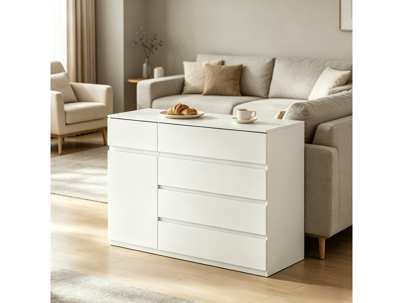 Buffet de rangement 100 x 40 x 80 cm blanc en panneau de particules, 5 tiroirs et placard réglable - Conforama B
