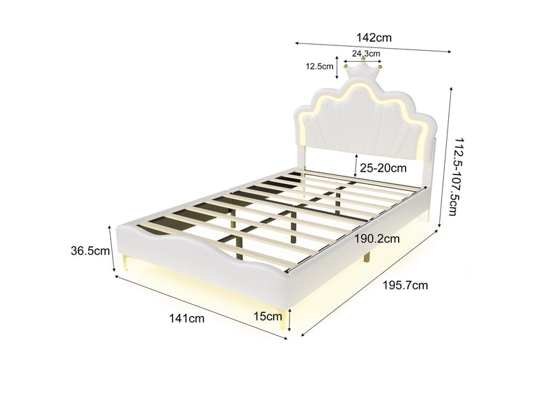  Lit simple 140x190 cm, lit capitonné enfant avec rgb led et tête de lit couronne réglable, lit capitonné avec sommier, blanc  - Conforama E