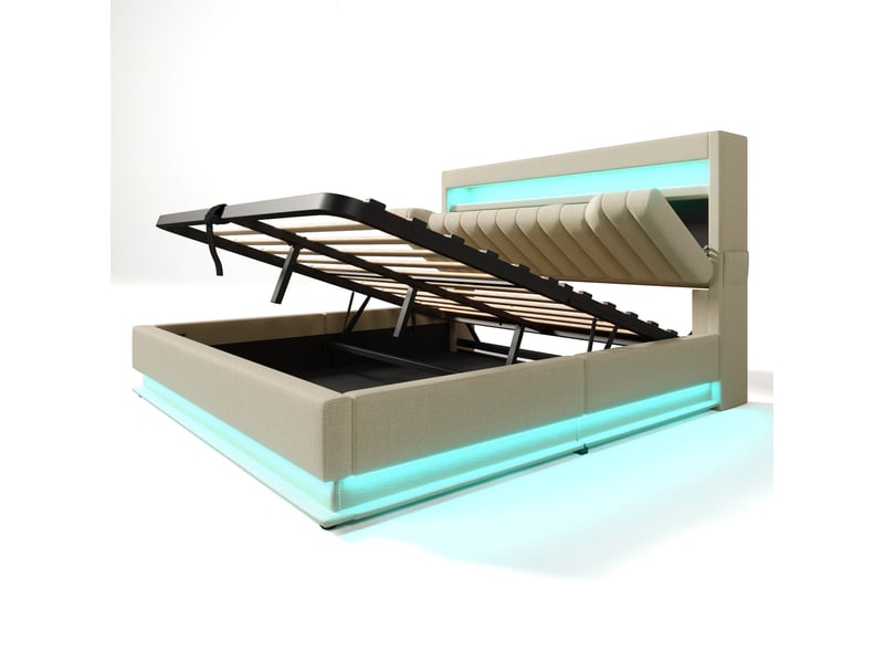  Lit double 140x200 cm avec coffre de rangement, tête de lit led et ports usbtype-c, tissu lin beige  - Conforama W