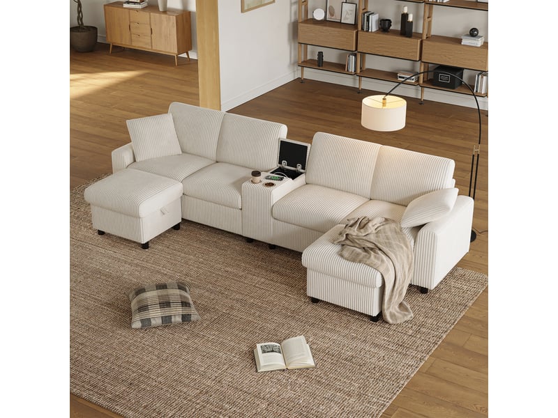  Canapé en u velours côtelé beige, canapé 4 places avec 2 poufs de rangement, table basse intégrée et ports usb pour salon moderne  - Conforama B