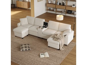Canapé en u velours côtelé beige, canapé 4 places avec 2 poufs de rangement, table basse intégrée et ports usb pour salon moderne