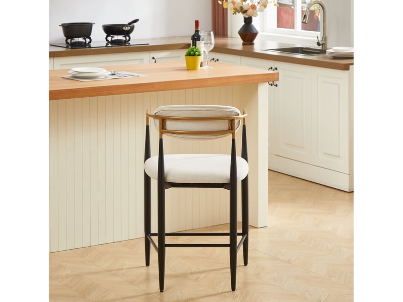  Lot de 2 tabourets de bar 59x55x94 cm accoudoirs, chaise haute style français moderne, métal et tissu, beige et noir  - Conforama D