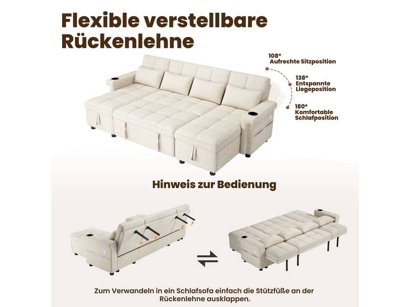 Canapé d'angle convertible 4 places  - led, rangement, 268.5 × 141.5 × 90 cm, chenille - beige  - Conforama E
