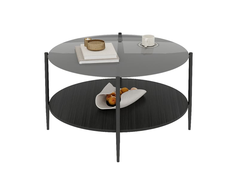  Table basse ronde moderne avec plateau en verre trempé fumé noir, double niveau de rangement  - Conforama A