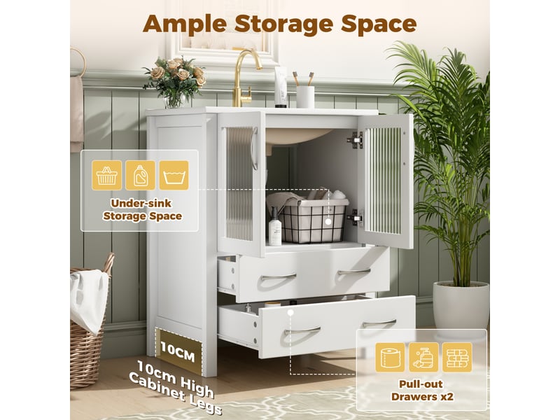  Meuble salle de bain 61 cm sur pied blanc brillant avec lavabo céramique et portes en verre strié  - Conforama C