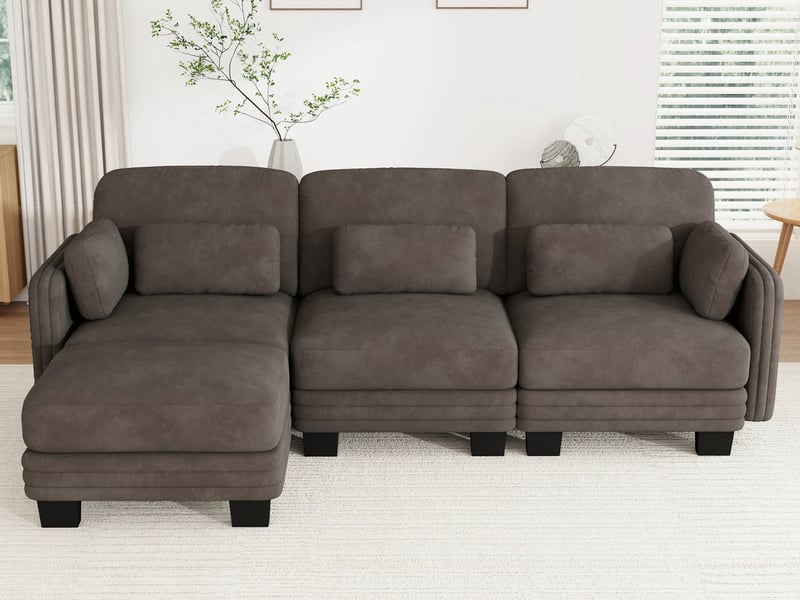 Canapé d'angle moderne ,3 places, coussins lombaires et d'accoudoir inclus ,253x143x88cm,marron - Conforama B