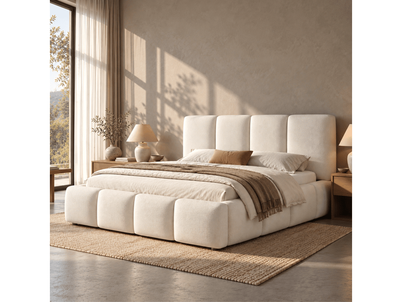  Lit coffre 180x200 avec sommier à lattes bouclé blanc evryae  - Conforama C