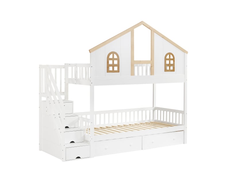Lit superposé 90x200 cm, lit enfant, fenêtre, 2 tiroirs à roulettes, échelle inclinée 4 niveaux avec tiroirs, blanc et naturel - Conforama D