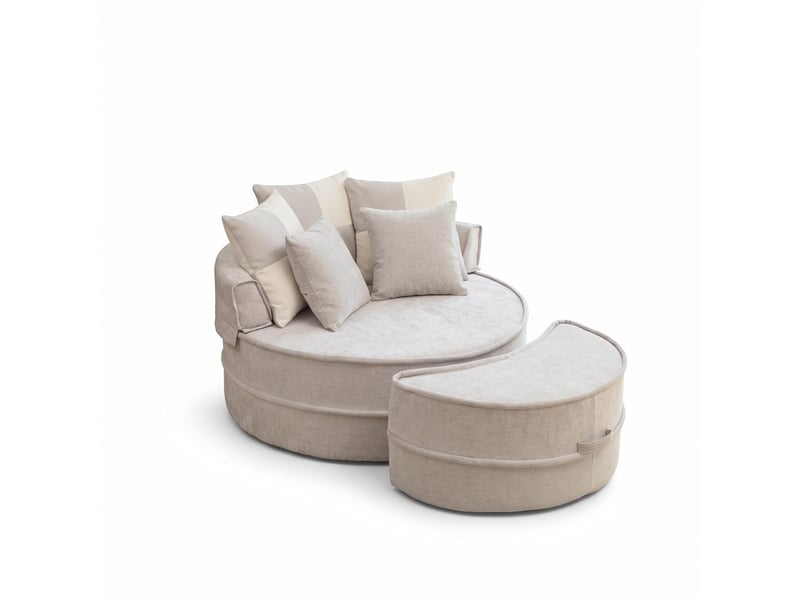  Fauteuil 1 place - 121x163x66 cm - fauteuil rond lounge xxl en tissu chenille avec 5 coussins et repose-pieds - gris  - Conforama A