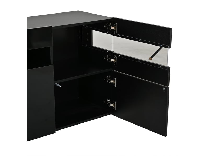 Buffet de salon noir 140 x 40,5 x 66,5 cm avec éclairage led contrôlé par application mobile, 3 portes, 7 rangements - Conforama E