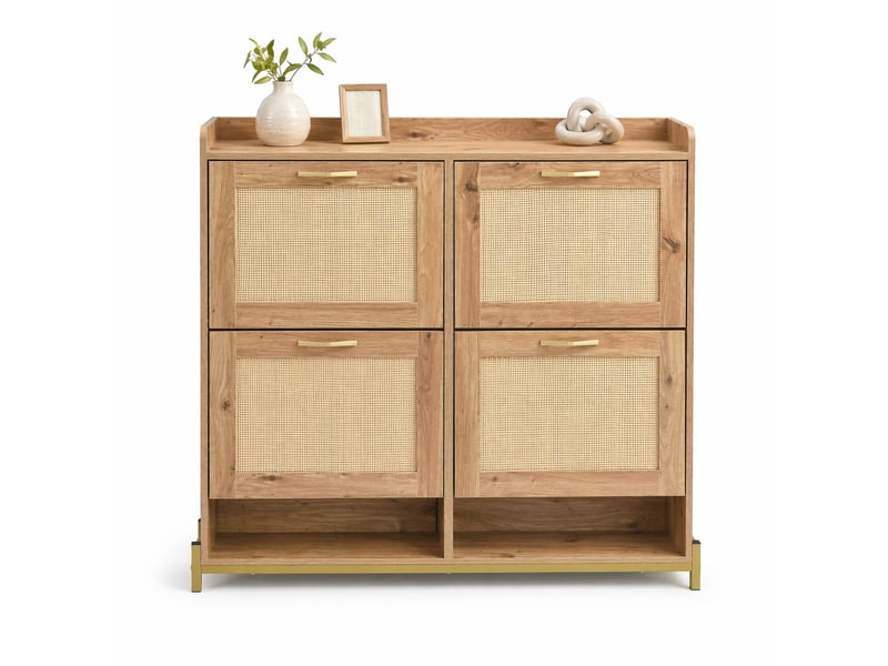  Meuble à chaussures ulevr 4 portes abattantes en rotin, rangement 108,5 x 24 x 100 cm, mdf couleur bois, cadre métallique  - Conforama A