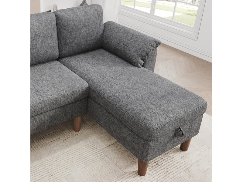 Canapé d'angle réversible 3 places 181x125x88 cm gris clair chenille, coffre et ports usb type-c - Conforama D