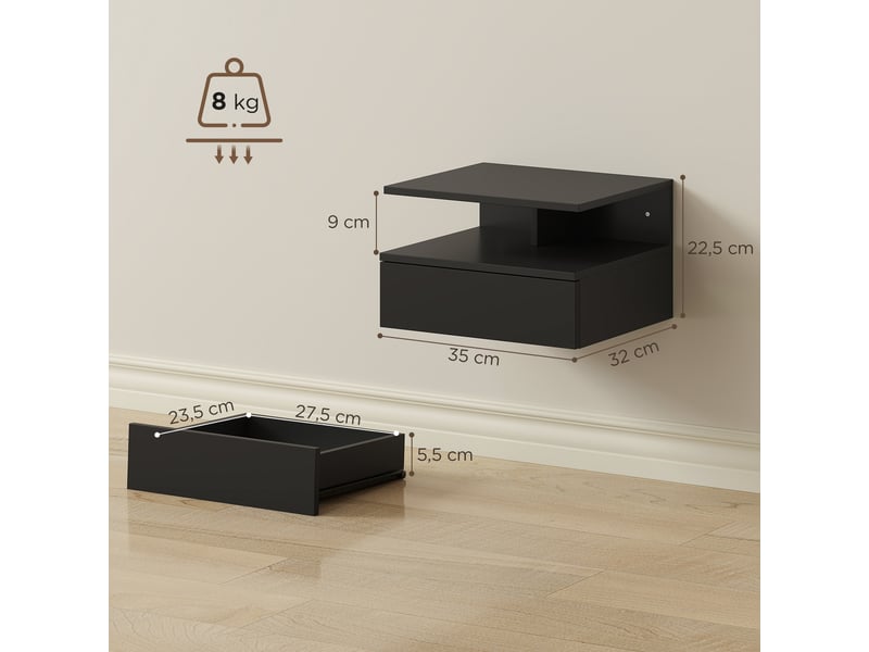  Lot de 2 tables de chevet murales, tables de nuit suspendues avec tiroir, étagère ouverte, 35x32x22,5cm, noir  - Conforama E