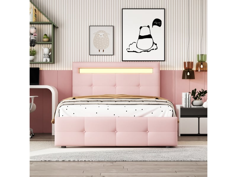  Lit simple 90x200 cm avec led et 2 tiroirs, revêtement en lin rose  - Conforama D