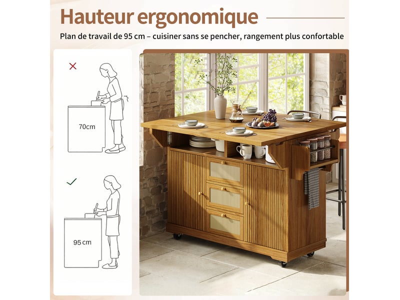  Chariot de cuisine 142,5x80x95 cm, pliable, étagères réglables, grand îlot cuisine, rangement cuisine, mdf, brun foncé  - Conforama E