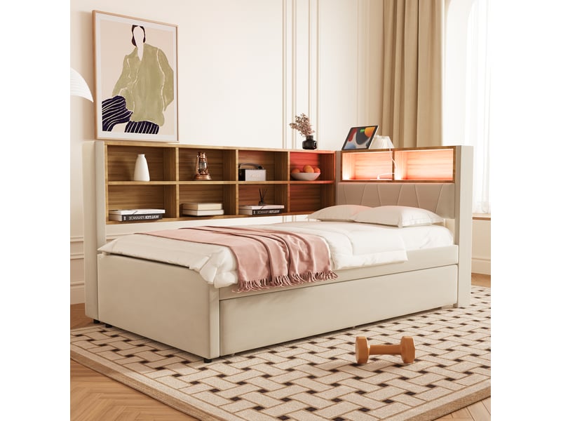  Canapé-lit 90x200 cm + gigogne 90x190 cm avec led et prises, flanelle beige, sans matelas  - Conforama R