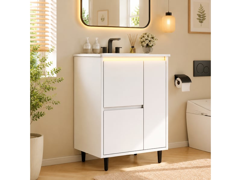  Meuble sous vasque avec 1 porte, 2 tiroirs et vasque en céramique, pieds hauts, salle de bain, 61×46,5×87 cm  - Conforama B