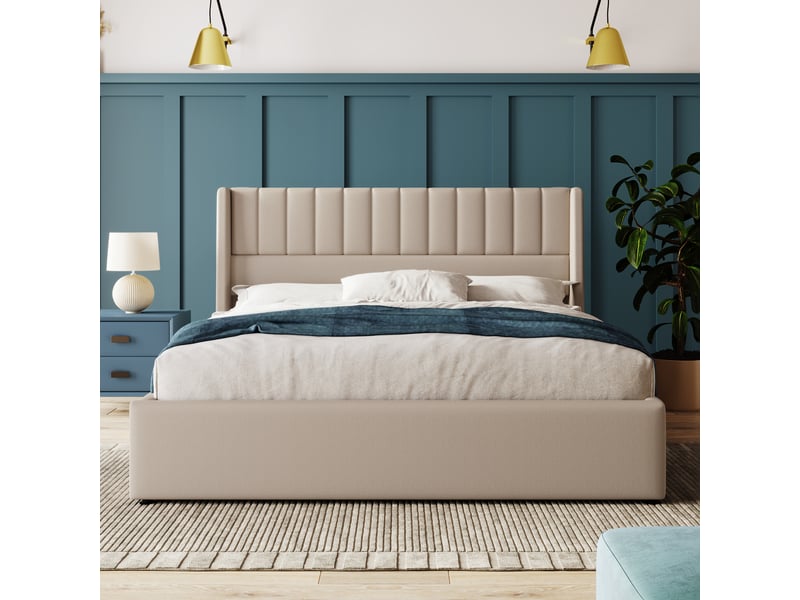  Lit coffre adulte 140x200 cm, lit double avec rangement, tête de lit et sommier, lin beige, matelas inclus  - Conforama B