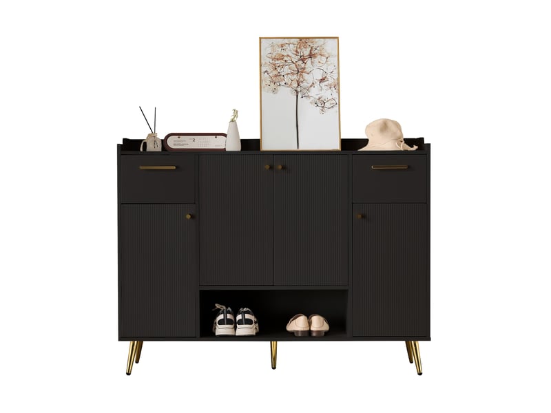  Meuble à chaussures tcqpz 130 x 37 x 100 cm avec 2 tiroirs, 4 portes et niche ouverte, poignées en métal, panneau de particules, noir  - Conforama A