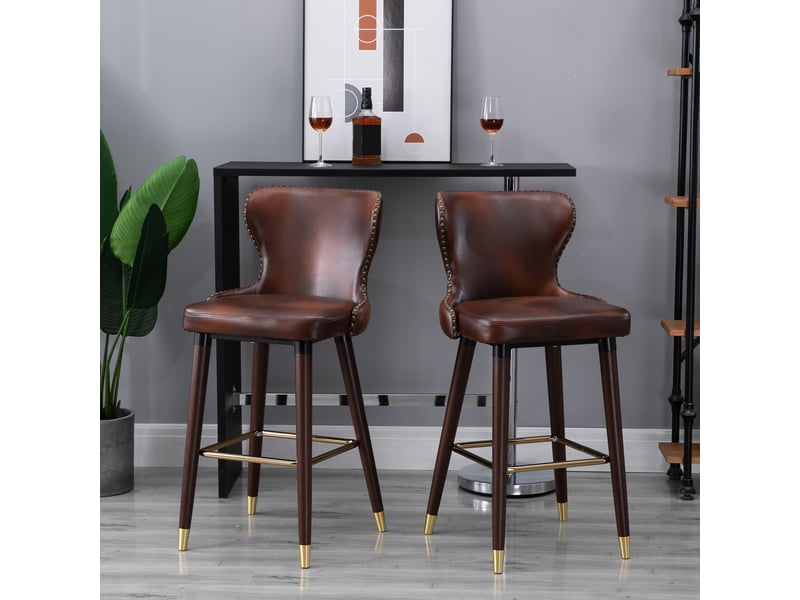  Ensemble 2 tabourets bar repose-pieds, dossier, bistrot, salle à manger, comptoir, similicuir, marron, 52x53x101 cm.  - Conforama D
