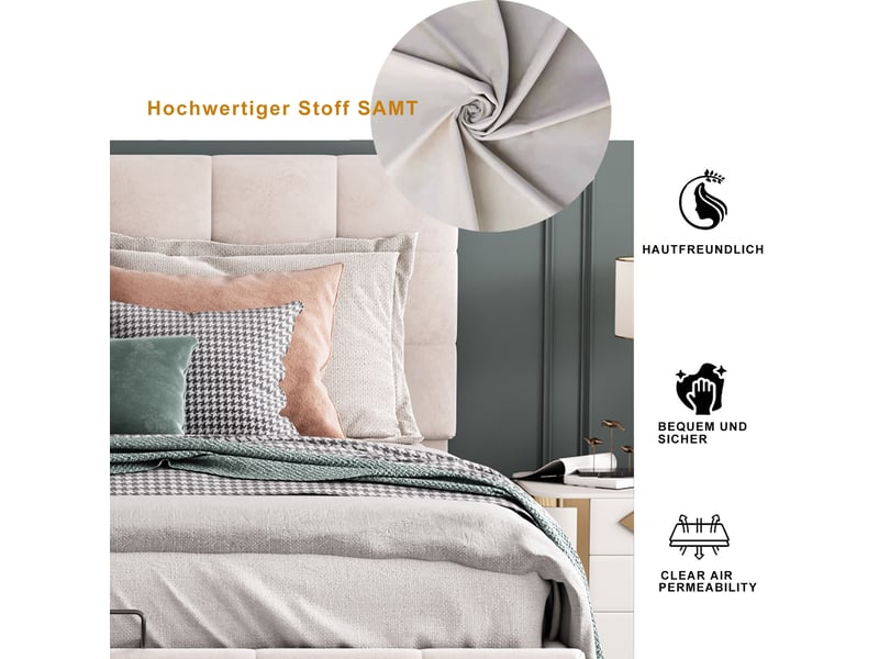  Lit coffre 140x200 cm velours crème - tête réglable, rangement hydraulique, design chic pour chambre moderne  - Conforama E