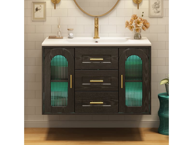  Meuble sous vasque suspendu 76 cm avec led et rangements - lpospi - mdf, verre, noir 76 × 46 × 55 cm  - Conforama B