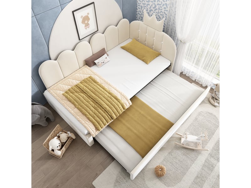  Canapé-lit de 90 × 200 cm, avec lit coulissant pouvant se transformer en lit d'appoint simple de 90 × 190 cm, forme en l, velours, beige  - Conforama E