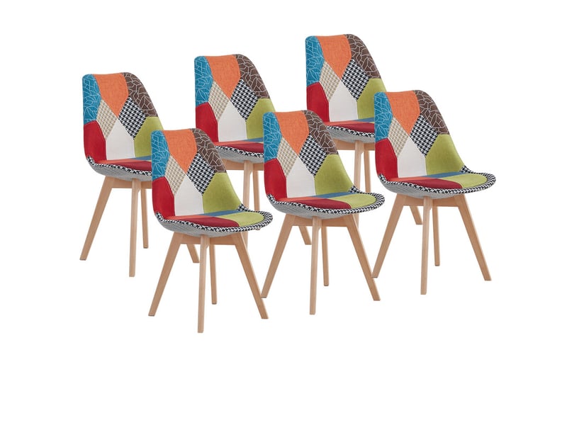  Lot de 6 chaise de salle à manger en lin - avec pieds en hêtre massif, design rétro patchwork multicolore rembourrées(rouge)  - Conforama A