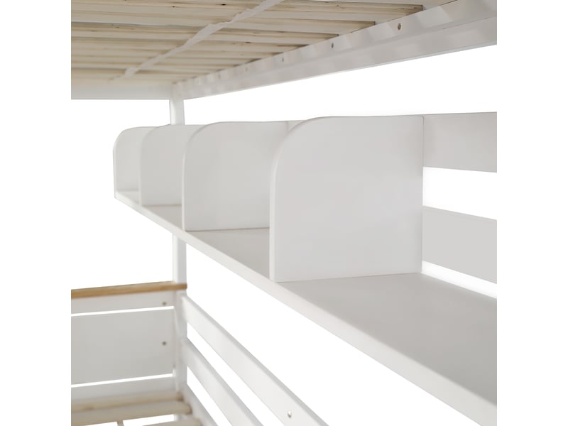 Lit superposé 90+140x200cm, lit enfant avec 2 tiroirs, escalier, moulin à vent et sommiers, rangement, pin+mdf, blanc+naturel - Conforama E