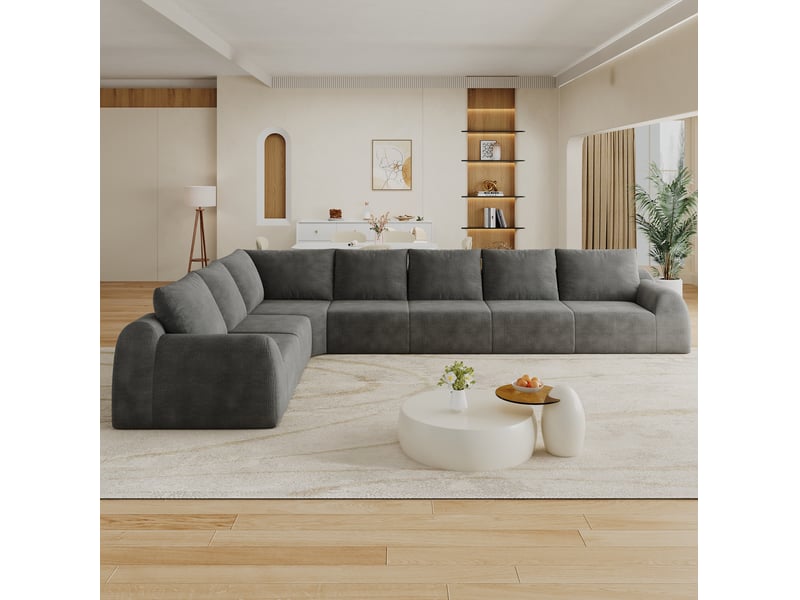  Canapé d'angle modenvie 7 places panoramique en tissu chenille gris foncé 401 x 267 x 85 cm  - Conforama E