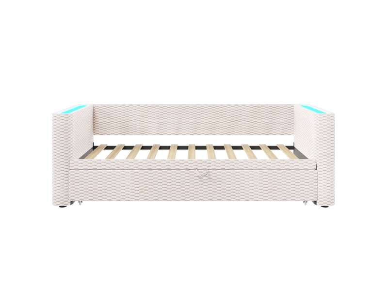 Lit banquette beige 90180x200 cm extensible en velours avec led et sommier à lattes - Conforama A