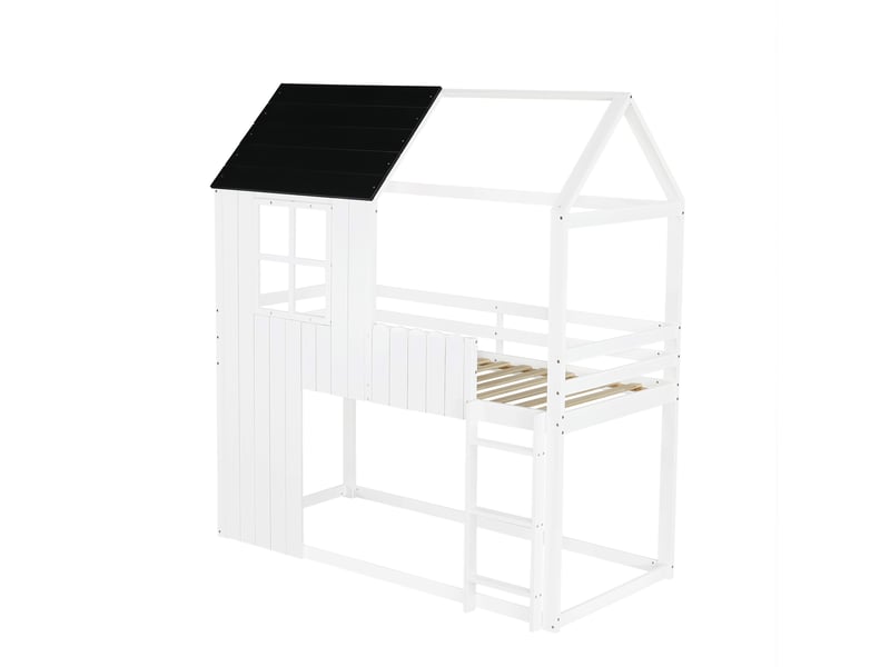  Lit mezzanine enfant cabane avec fenêtres, escalier 3 marches, blanc et noir, 90 x 200 cm  - Conforama A