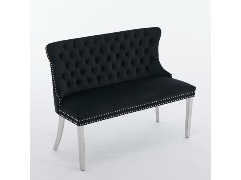  Banquette velours noir 2 places, dossier ailé, boutons faits main, pieds inox argenté - réf 1702bk  - Conforama A