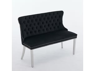 Banquette velours noir 2 places, dossier ailé, boutons faits main, pieds inox argenté - réf 1702bk