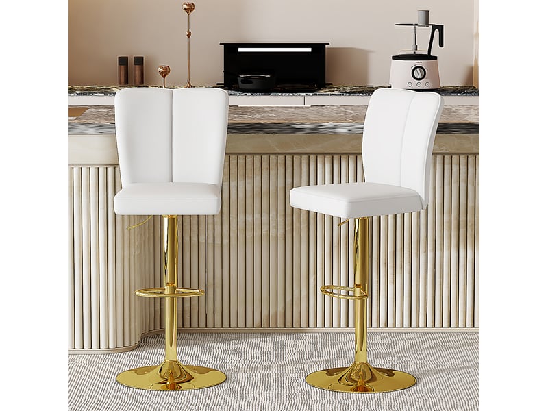 Lot de 2 - tabouret de bar réglable - 44 x 41 x 95,5-117,5 cm-blanc et or - en pu imperméable, pivotant à 360°, hauteur ajustable et base ronde dorée - Conforama D